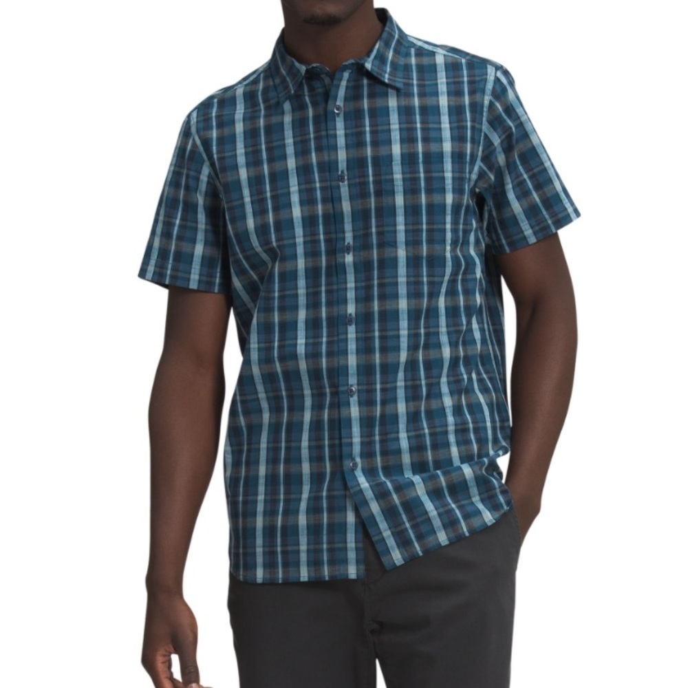 Men’s The North Face Plaid Short Sleeve Hammetts Button Down Blue Gray Size XL